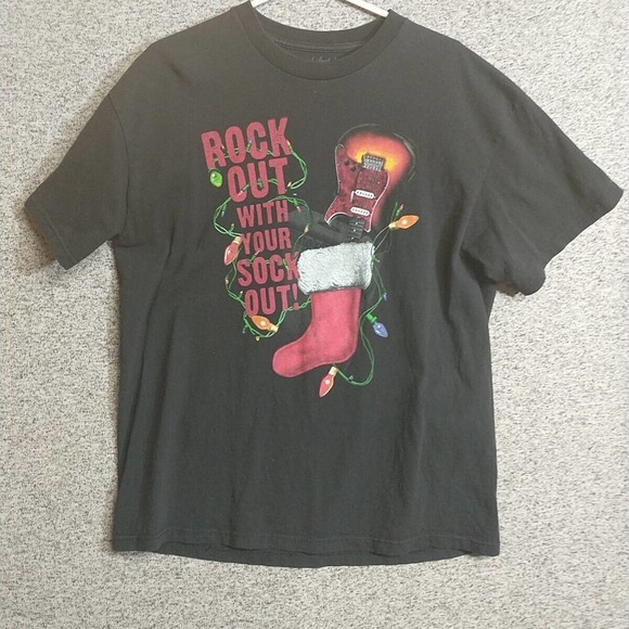 Christmas Holiday Rock Out with Your Sock Out Stocking Graphic Print Shirt Faded - Picture 1 of 9